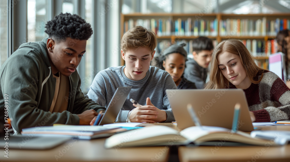 Diverse students collaborating and studying in a library Diverse students collaborating and studying in a library