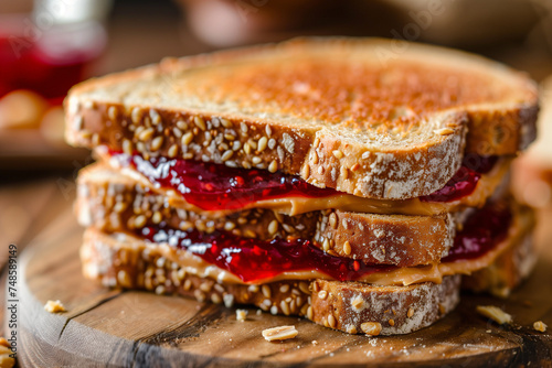 Close-Up View of Peanut Butter and Jelly Sandwich on Whole Grain Bread: Visible Layers of Staple Comfort Food in a Casual Kitchen Setting, Ideal for Quick and Nutritious Meals