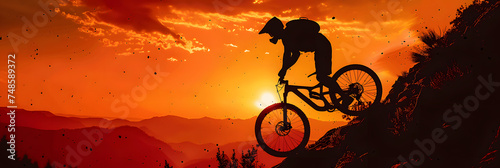 A silhouette of an extreme mountain biker against a fiery sunset, the rugged terrain a challenge photo