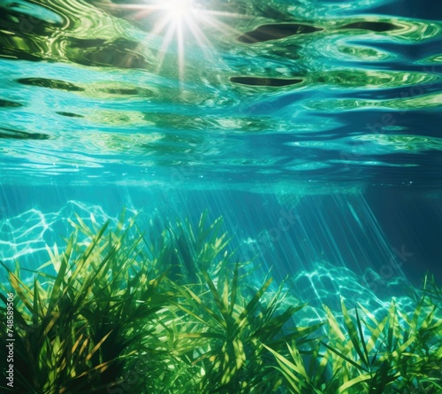 Underwater grasses and sunlight. Generative AI.