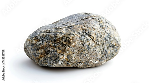 A rock isolated on a white background. The rock is gray and has a rough texture. It is about the size of a softball.