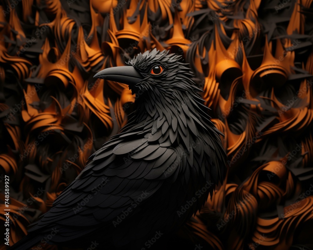 Fototapeta premium A black bird stands in front of a wall of orange and black flames. Generative AI.
