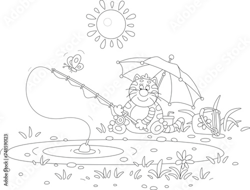 Funny fat cat fisherman sitting under its umbrella with a fishing-rod and catching fish in a pretty small lake on a sunny summer day in countryside, black and white outline vector cartoon