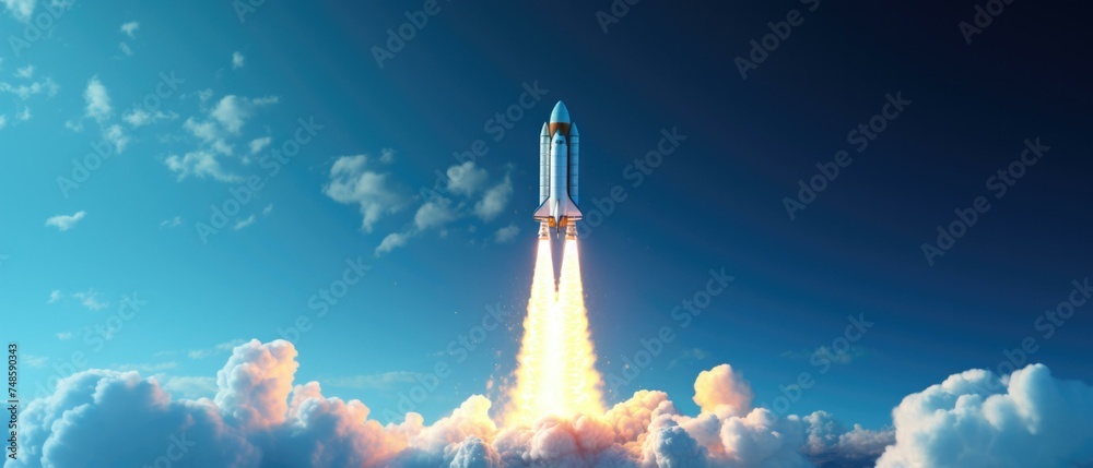 Fototapeta premium A rocket is taking off into the sky. Generative AI.