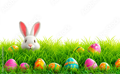 Easter Bunny Decorated Eggs Adorable Rabbit Isolated White Background Header Banner © mexitographer
