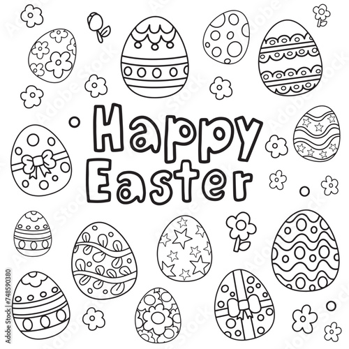 Happy Easter set of Easter eggs outline vector coloring illustration