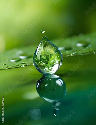 A nature in water drop with green ecology background. Generative AI