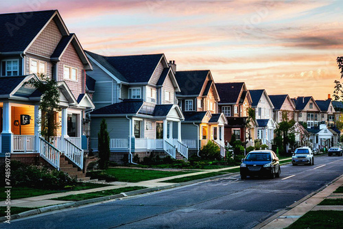 Houses in the evening, houses on the street, houses on the street in the evening, Street of suburban homes, modern building