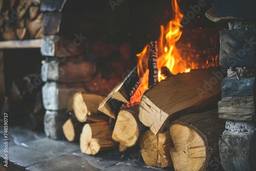 Firewood against the backdrop of a cozy fireplace and fire