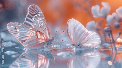a couple of butterflies sitting on top of a puddle of water next to a bunch of white flowers on top of a table. photo