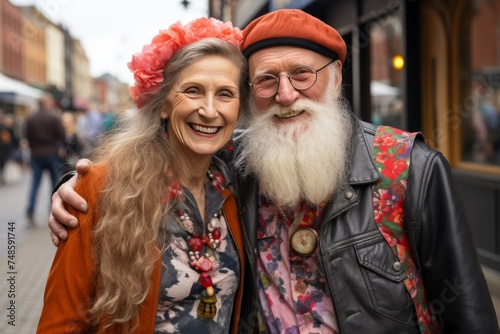 Fashionable elderly couple in trendy attire, perfect for the fashion-forward audience