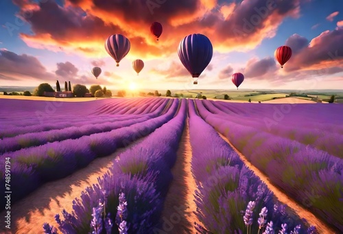 Beautiful image of stunning sunset with atmospheric clouds and sky over vibrant ripe lavender fields in English countryside landscape with hot air balloons flying high. AI generated