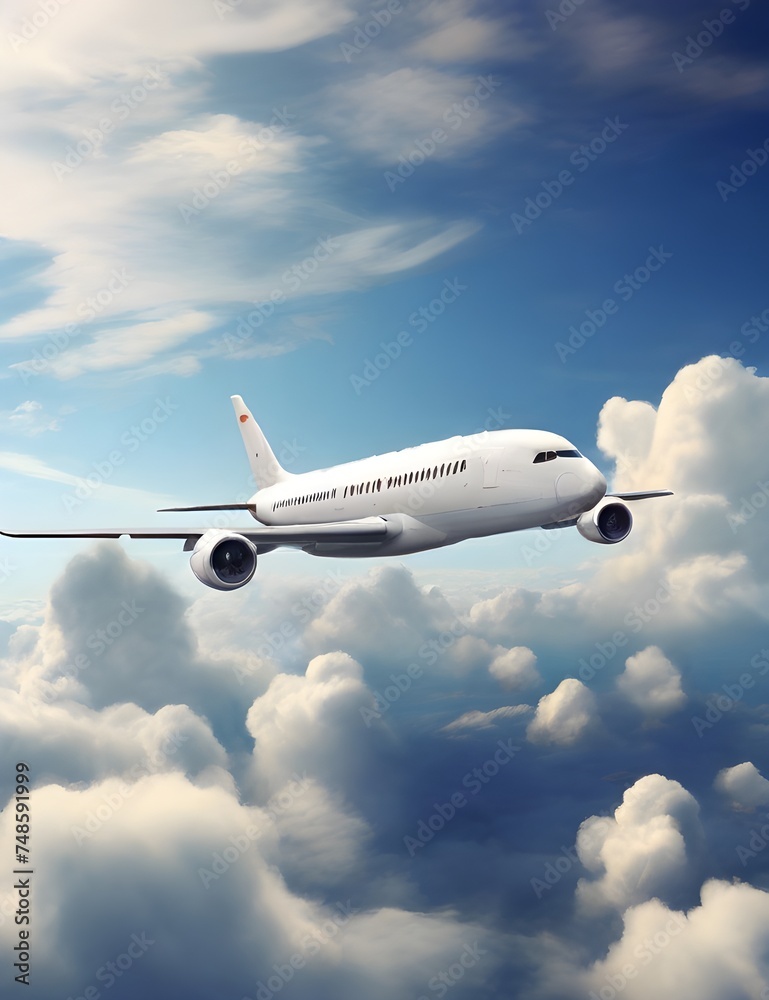 A jetliner flying through the sky filled with fluffy white clouds. This image can be used to depict travel, aviation, or the beauty of nature Generative AI 