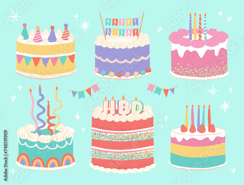 Set of colorful birthday cake vector illustrations