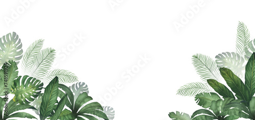 Foto Watercolor illustration of banner or frame with a green jungle with palm leaves, monstera, watercolor texture, handmade