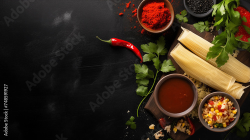 Assorted Mexican food ingredients and spices on a dark surface