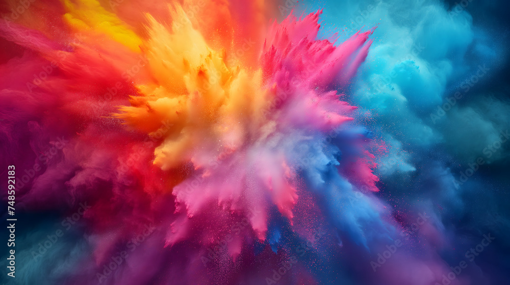 Obraz premium Vibrant colorful splashing powder from the center of image on black background. Suitable for overlaid quote or text on it for Holi festival presentations or banner design.