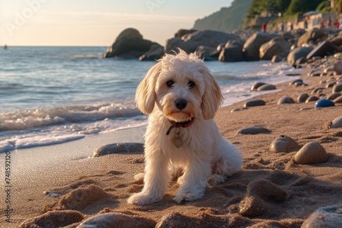 Tranquil coastal scene with adorable fluffy dog puppy relaxing on sandy shore amidst sea waves