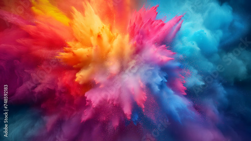 Vibrant colorful splashing powder from the center of image on black background. Suitable for overlaid quote or text on it for Holi festival presentations or banner design.