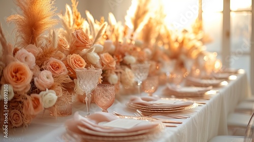 Wedding table decorated with bouquets of pink and peach flowers. Concept: Banquet decoration with elements of luxurious floral decor. Catering Banner
