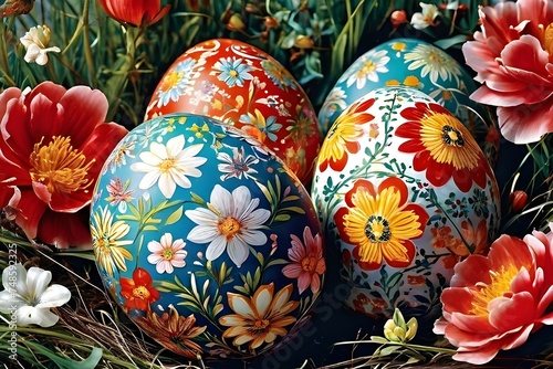 Colorful painted Easter eggs amid blossoming flowers, a vibrant celebration of spring. generative ai