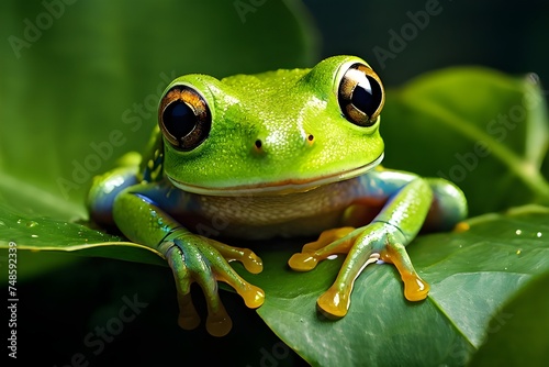 A vibrant close-up of a green frog with big, glossy eyes, perched on a leaf. A photo-realistic image of wildlife in natural habitat. generative ai