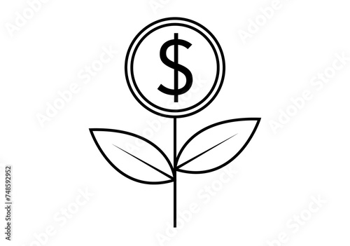 Icono negro de panta con moneda de dólar creciendo. 