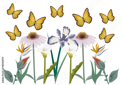 Flores y mariposas volando de primavera. 