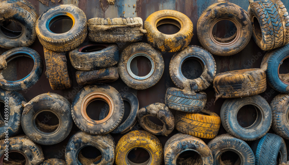 Pile of discarded rubber tires awaiting proper disposal