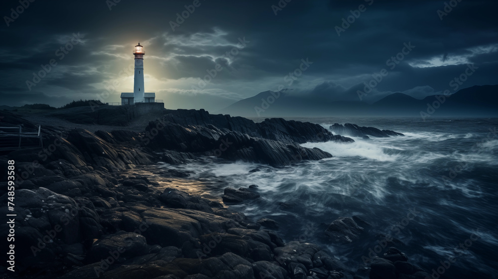 The Tall White Lighthouse on the Stormy Ocean Cliff