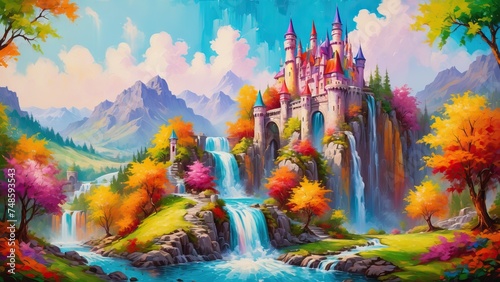 Colorful castle with beautiful waterfall, watercolor painting of a landscape © franxxlin_studio