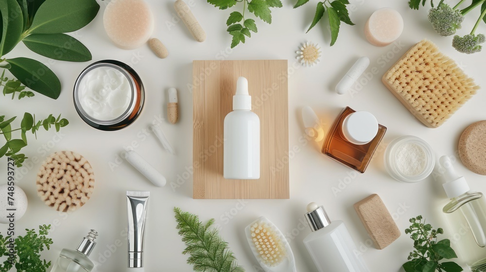 a wooden cutting board topped with lots of different types of skin care products next to a potted plant and a bottle of lotion.