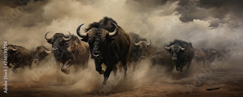 Horde of angry buffalos running to camera. cloud of dust everywhere.