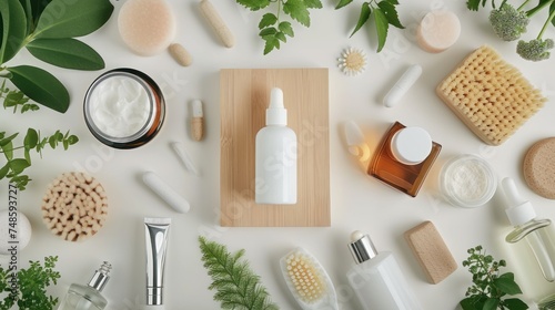 a wooden cutting board topped with lots of different types of skin care products next to a potted plant and a bottle of lotion.