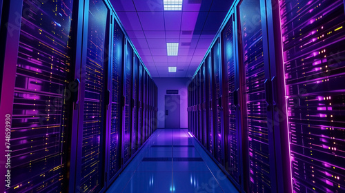 Server room at a data center with a futuristic vibe.