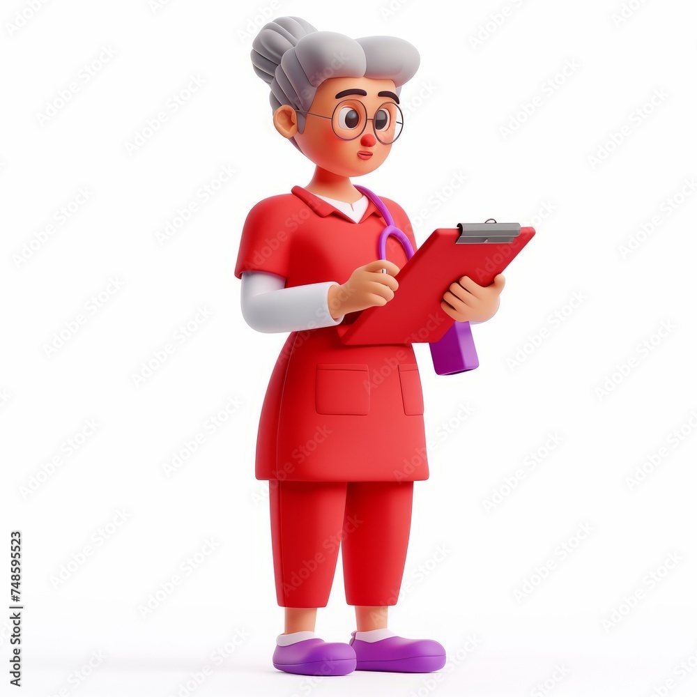 Elderly woman clay animation character wearing a nurse's uniform with a clipboard, checking patient records, on an isolated white background, Generative AI Elderly woman clay animation character wearing a nurse's uniform with a clipboard, checking patient records, on an isolated white background, Generative AI