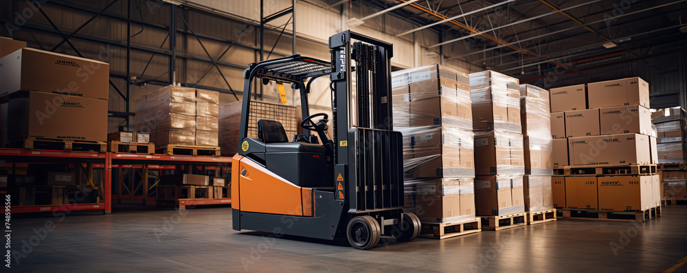 Modern future fork lift in warehouse. Heavy truck loadre in factory house. copy space for text. Modern future fork lift in warehouse. Heavy truck loadre in factory house. copy space for text.