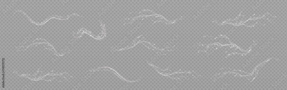 Holiday decor element in the form of a glowing white sakura branch. Abstract glowing dust. Christmas background made of luminous dust. Vector png. Floating cloud of holiday bright little dust.