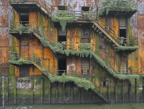 Industrial Relics, A series of dilapidated warehouses by the riverside, their weathered exteriors and moss-covered walls evoking stories of the industrial revolution