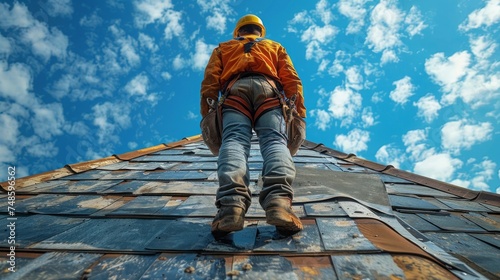 Engineer inspects, installers, repairs roofs above the clouds, blue sky, technicians install roofing at the top of the house, renovate, renovate, build a country house