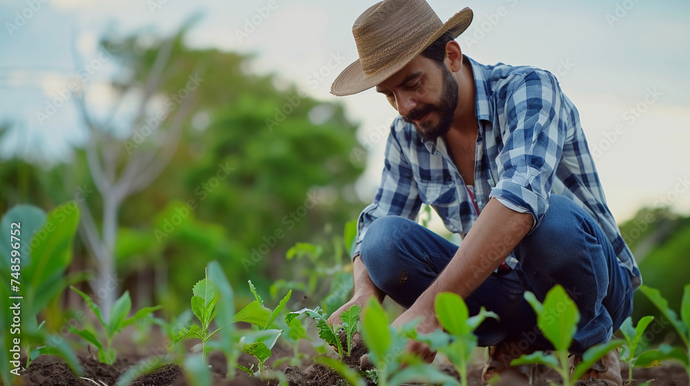 Organic Farming Practices: A modern farmer using natural fertilizers and practicing organic farming, promoting sustainable and eco-friendly agriculture, medium shot, modern farmer