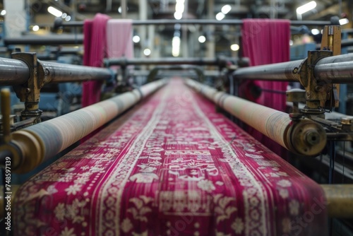 A textile production plant uses rows of looms and spinning machines to weave and dye fabrics, upholding tradition. photo
