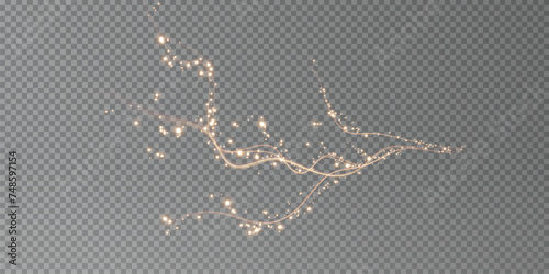 Holiday decor element in the form of a glowing sakura branch. Abstract glowing dust. Christmas background made of luminous dust. Vector png. Floating cloud of holiday bright little dust.