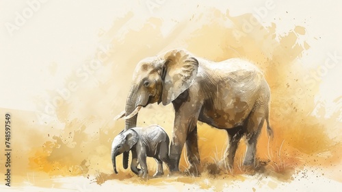 a painting of an adult elephant and a baby elephant standing in a field with yellow and brown paint splatters. photo