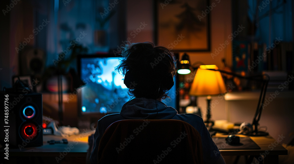 An atmospheric image of a gamer in a dimly lit room with a backlit gaming chair, creating a moody and immersive gaming environment, pc gamer, gaming An atmospheric image of a gamer in a dimly lit room with a backlit gaming chair, creating a moody and immersive gaming environment, pc gamer, gaming