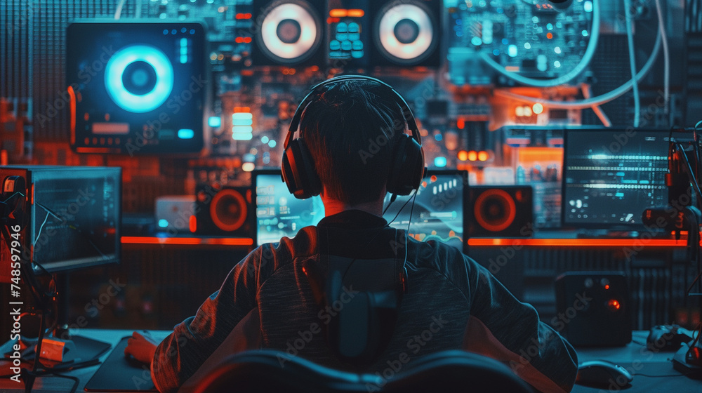 A futuristic image of a gamer surrounded by virtual reality accessories and holographic displays, representing the evolving landscape of gaming technology, pc gamer, gaming A futuristic image of a gamer surrounded by virtual reality accessories and holographic displays, representing the evolving landscape of gaming technology, pc gamer, gaming
