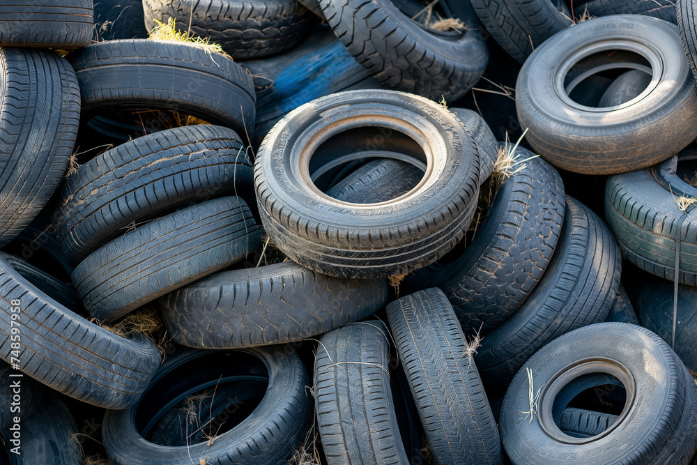 Pile of discarded rubber tires awaiting proper disposal Pile of discarded rubber tires awaiting proper disposal