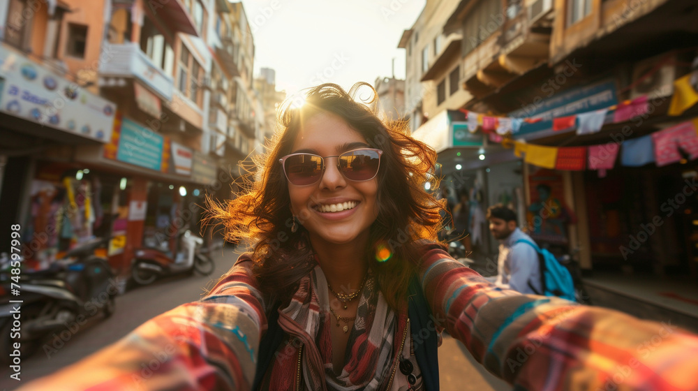 Joyful indian woman taking a selfie while exploring city streets during daytime