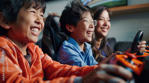 A candid shot of a family playing a multiplayer racing game together, capturing the joy and friendly competition, family, gaming, smiling