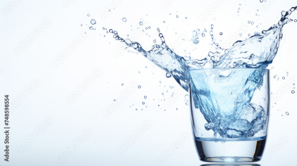 Splashing water in a glass on white background. Isolate. Copy space. Splashing water in a glass on white background. Isolate. Copy space.